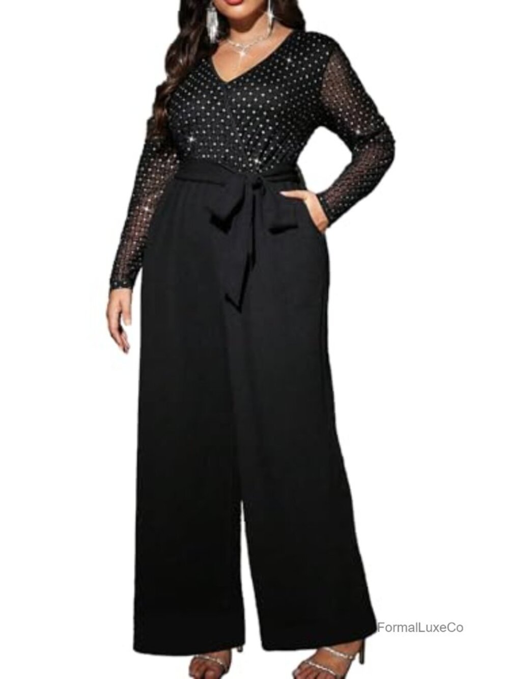Plus Size Sequin Jumpsuit with Pockets Long Sleeve Wide Leg V-Neck